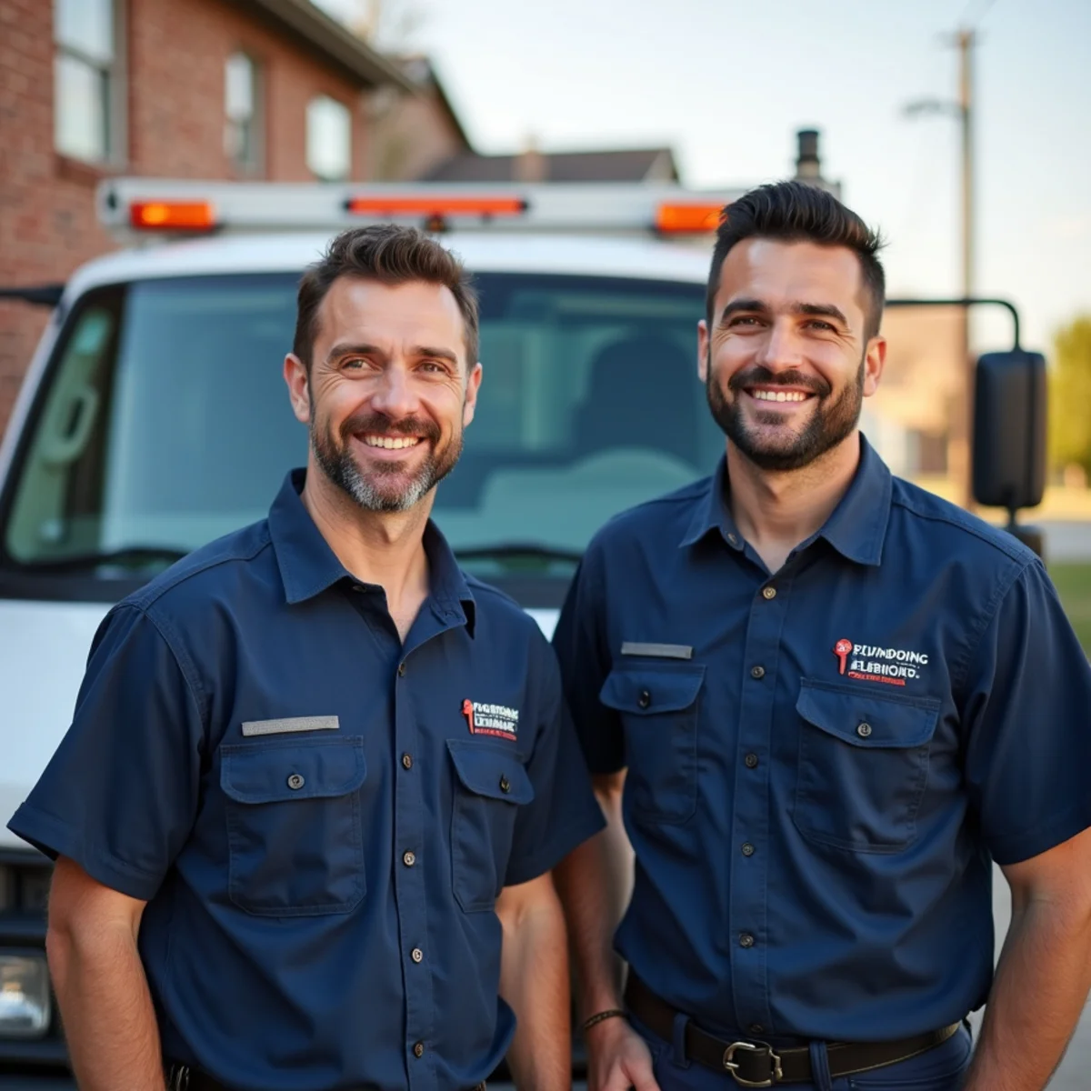 Licensed Texas plumbing technicians standing in front of service truck in Duncanville TX