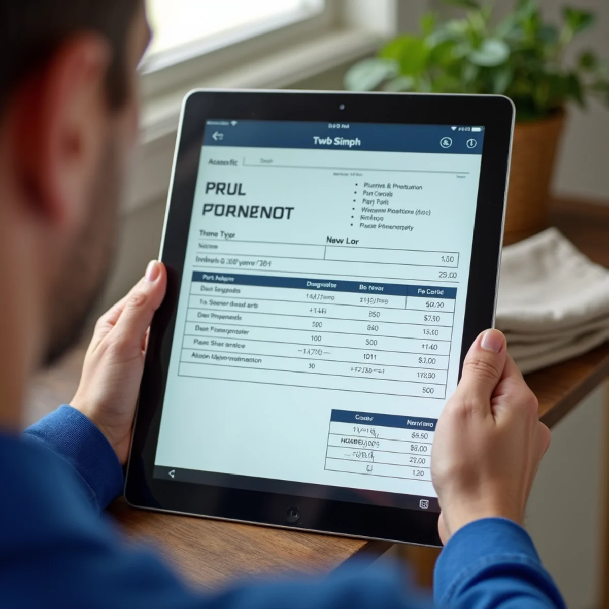 Digital tablet showing clear line-item plumbing estimate with parts and labor