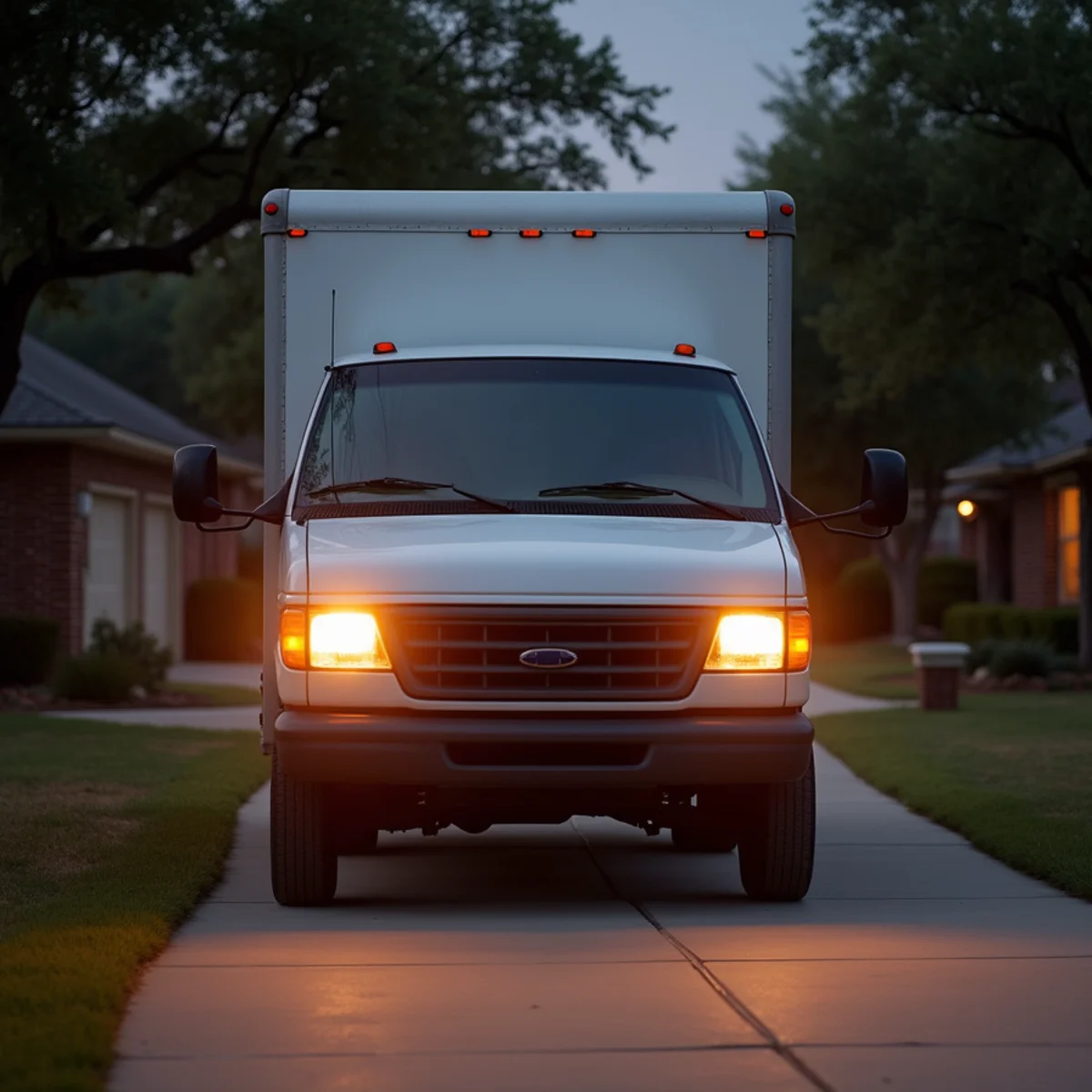 Plumbing service van headlights in residential driveway during evening emergency call