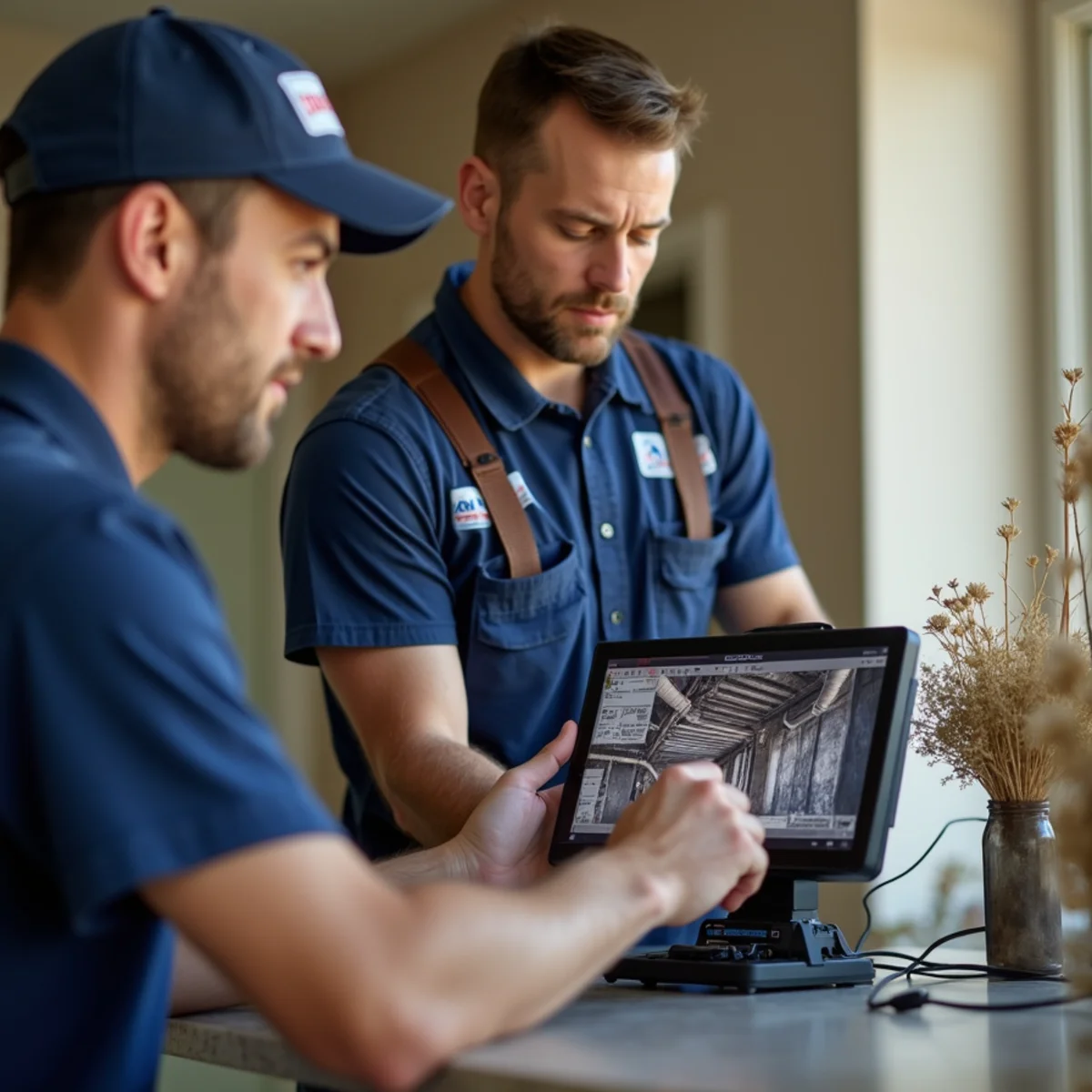 Plumber explaining sewer camera findings on portable monitor to homeowner