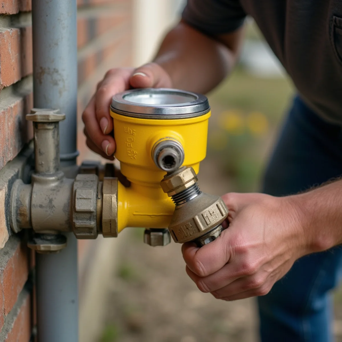 Yellow steel emergency gas wrench turning meter valve perpendicular to gas pipe