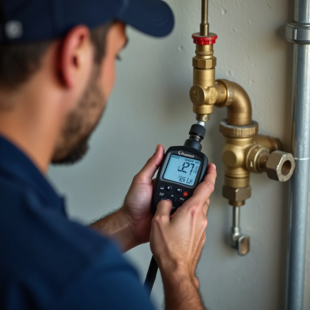 Plumber monitoring digital manometer gauge during gas pipe pressure decay test
