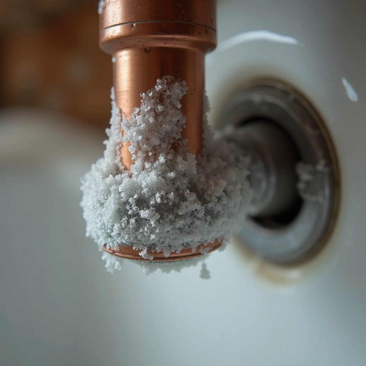 Macro photograph of heavy white calcium and lime mineral deposits clogging faucet aerator