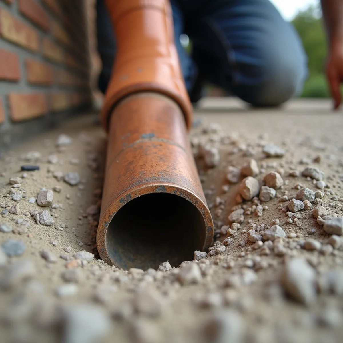 Copper water pipe showing abrasive wear marks where it penetrates concrete slab