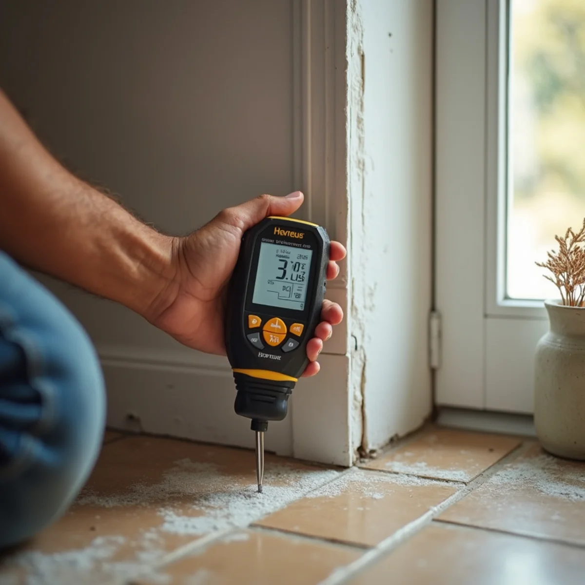Digital moisture meter pressed against baseboard displaying reading for insurance records