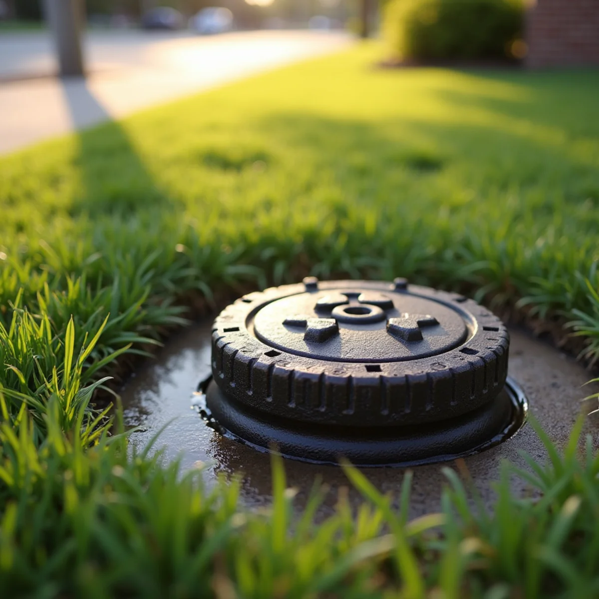 Cast iron utility water meter lid in front lawn grass near curb