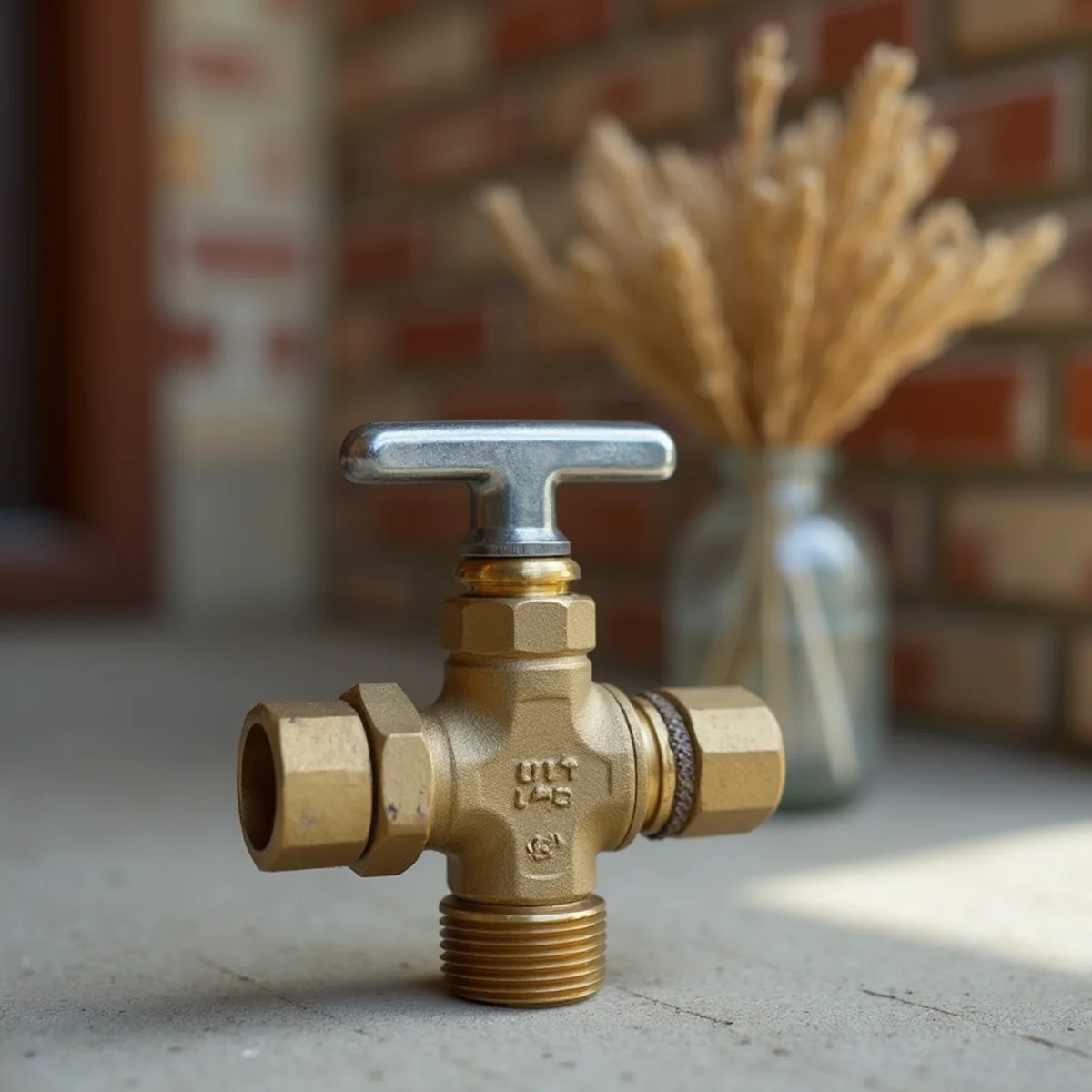 Steel T-handle water meter key slotted onto brass curb stop valve