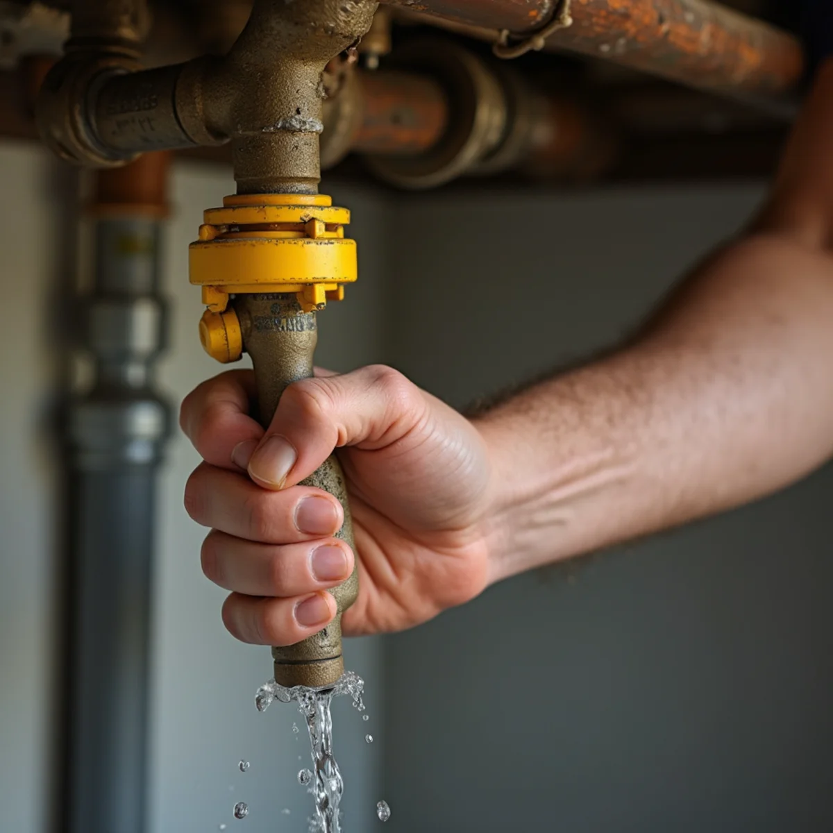 Homeowner turning off yellow water shutoff valve during emergency pipe burst in Dallas County