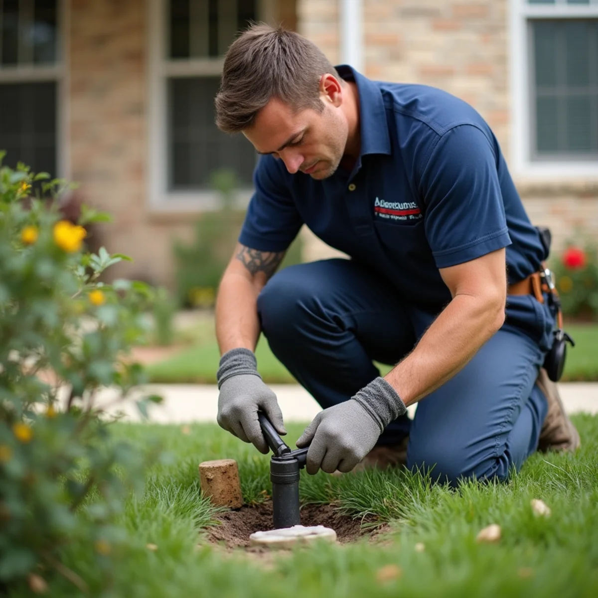 Plumber loosening threaded PVC cleanout plug in front lawn flowerbed