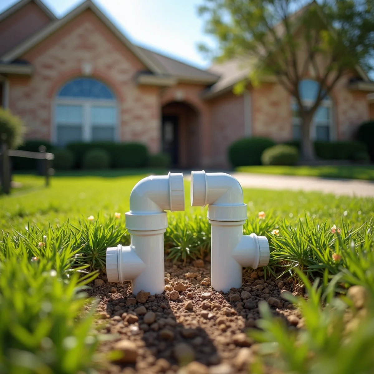 Ground-level view of dual white PVC two-way cleanout risers in front yard flowerbed