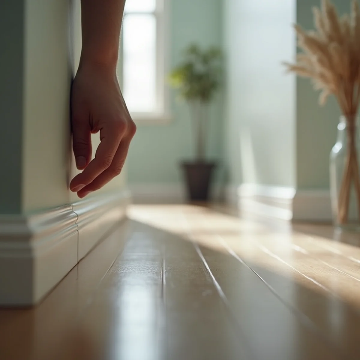 Baseboard inspection in quiet hallway listening for sound of hissing water pipes
