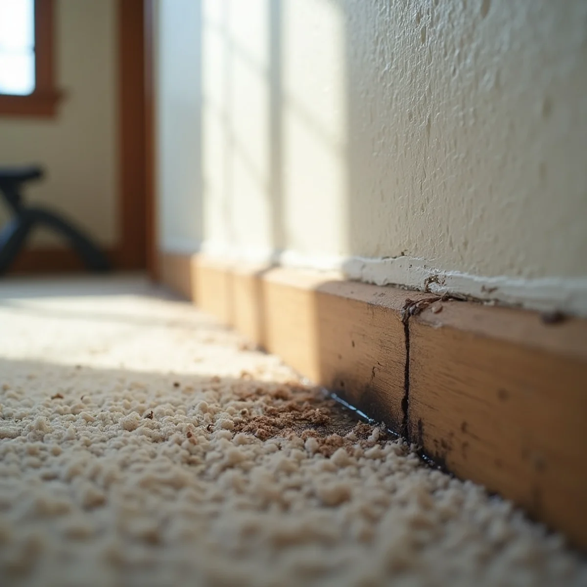 Damp carpet edges and swollen baseboard pulling away from drywall
