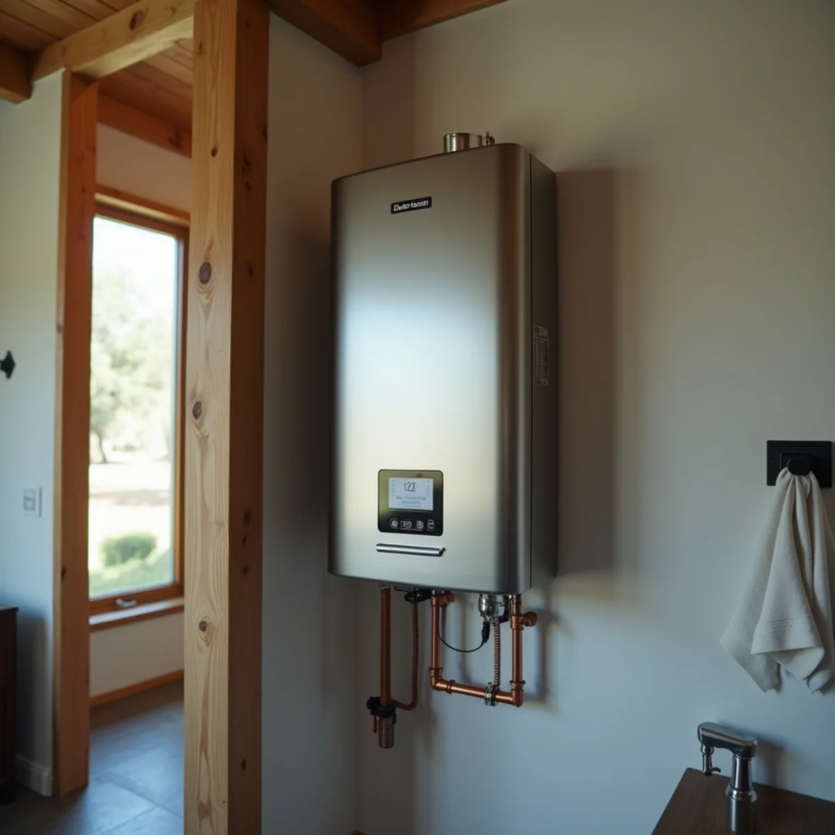 Wall mounted compact tankless water heater displaying digital temperature in utility room