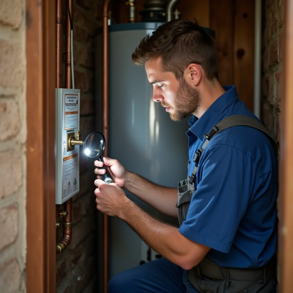 Plumber examining thermocouple and burner pilot assembly of residential gas water heater