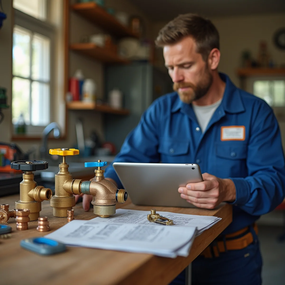 Plumbing educational materials, brass valves, water meter key and digital tablet on workshop bench