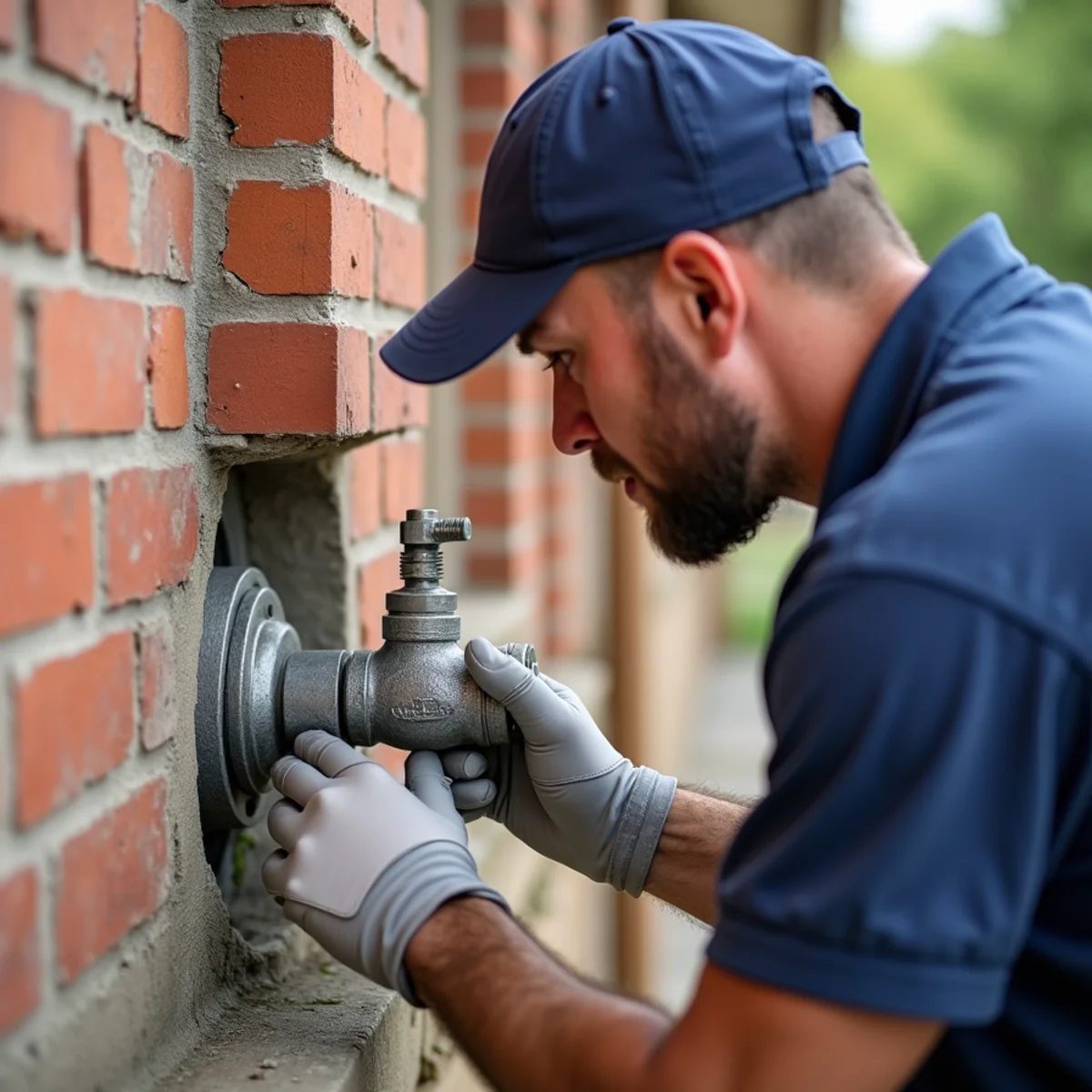 Plumber installing anti-siphon frost-free outdoor hose bib hydrant through exterior brick wall