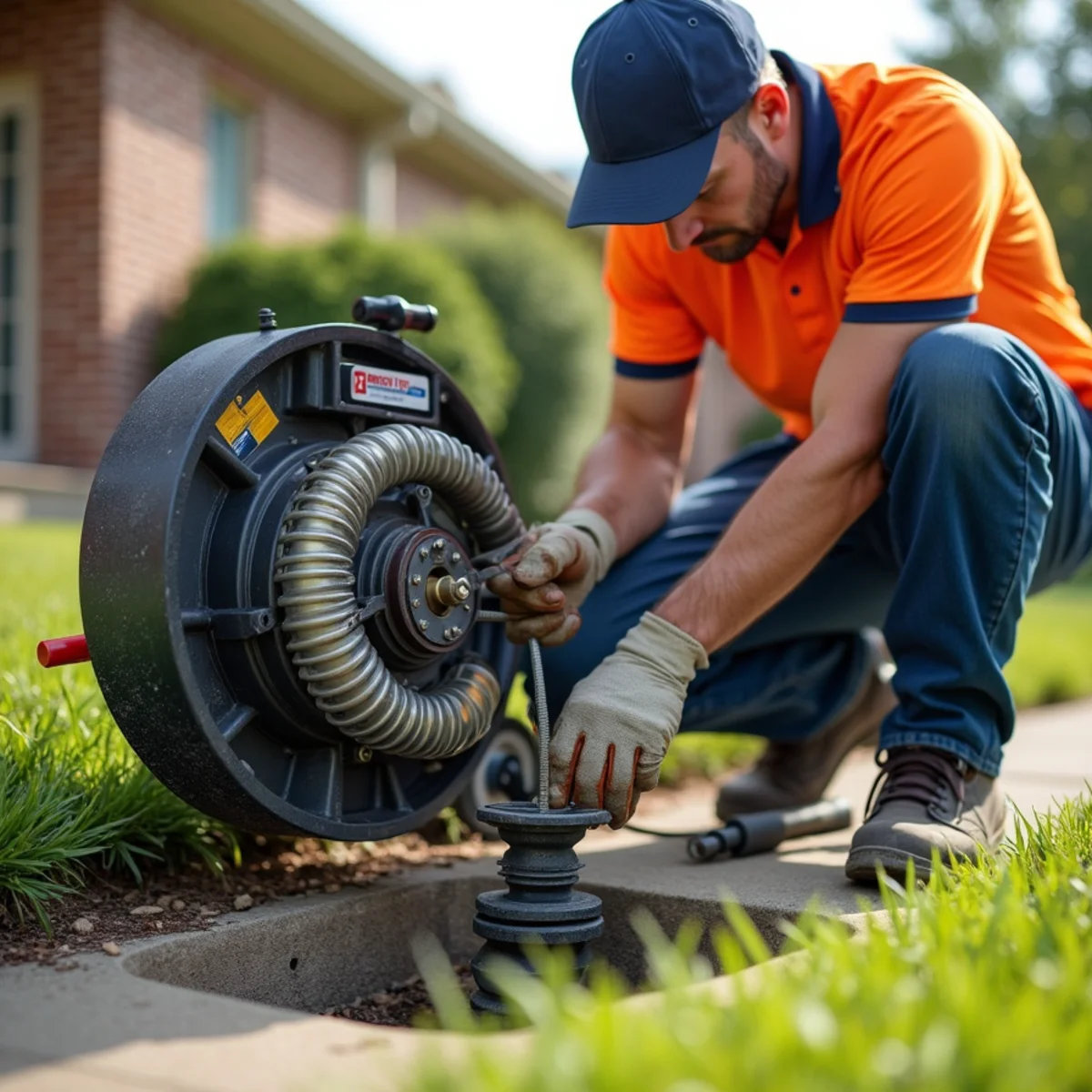 Motorized drain snake cable machine positioned beside outdoor ground-level cleanout riser in Duncanville TX