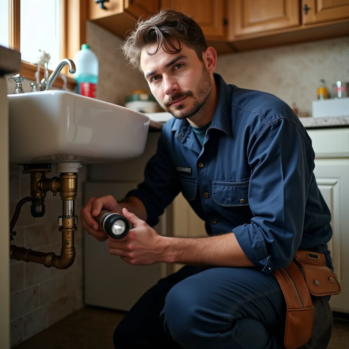 Licensed Texas plumber in navy work uniform inspecting residential pipes in Duncanville TX ranch home