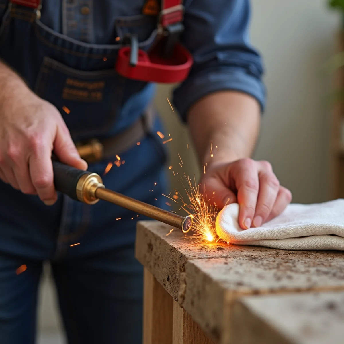 Plumber soldering copper pipe joint with propane torch and heat shield during water leak repair