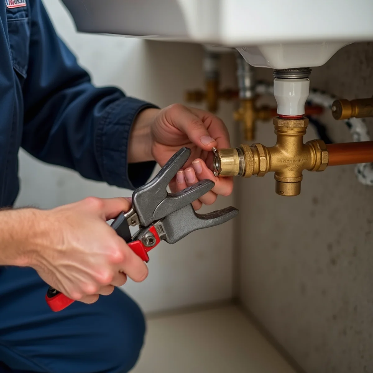 Licensed plumber installing heavy-duty brass ball valve on residential copper pipe in Duncanville TX