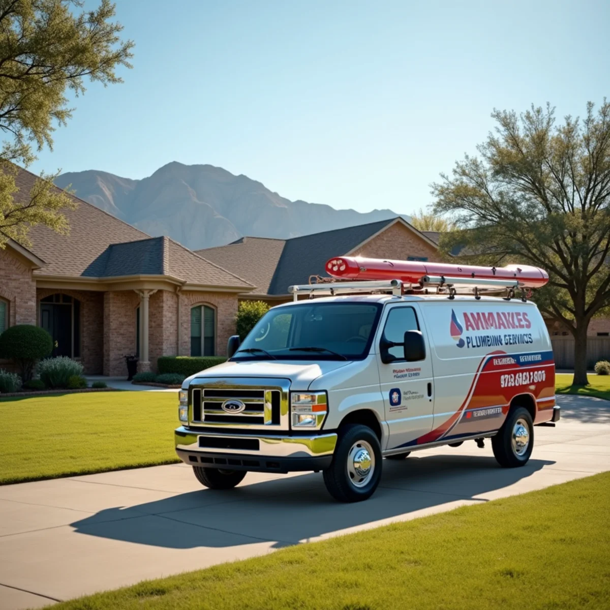 Plumbing service truck parked outside custom home in Cedar Hill Texas with rolling limestone hills