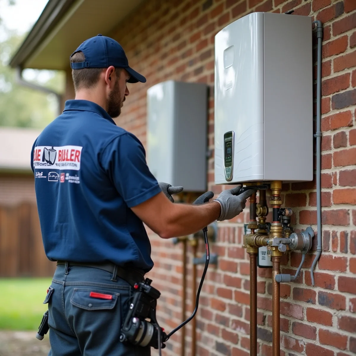 Certified plumbing specialist servicing exterior tankless water heater in Midlothian Texas