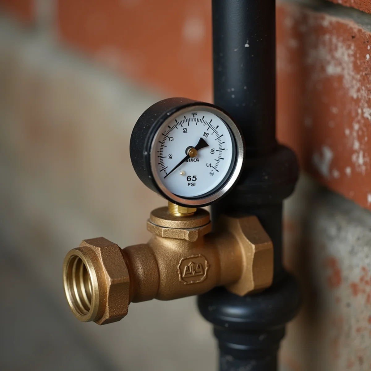Close-up of newly installed cast brass water pressure reducing valve showing 65 PSI on supply pipe