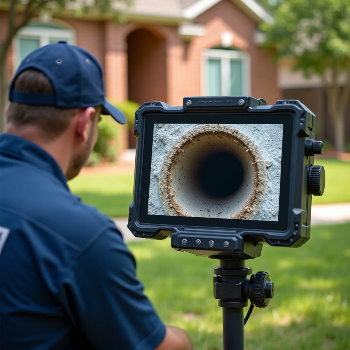 Plumber viewing high-definition color sewer diagnostic camera monitor at outdoor cleanout in Duncanville TX