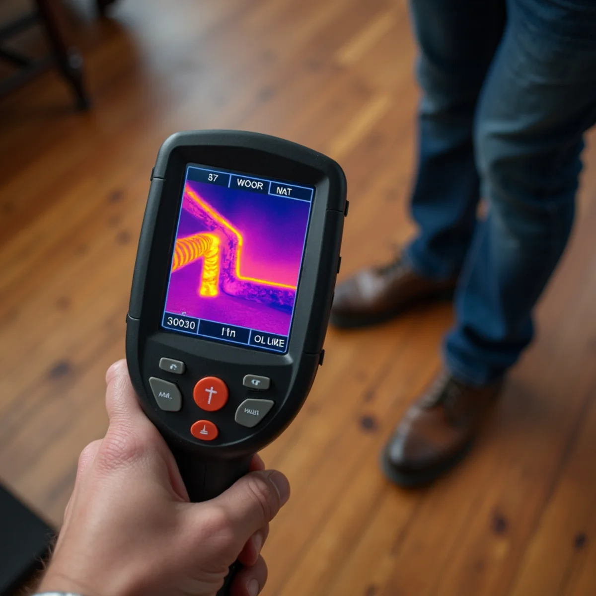 Infrared thermal imaging camera showing orange heat plume from subterranean hot water pipe leak under flooring