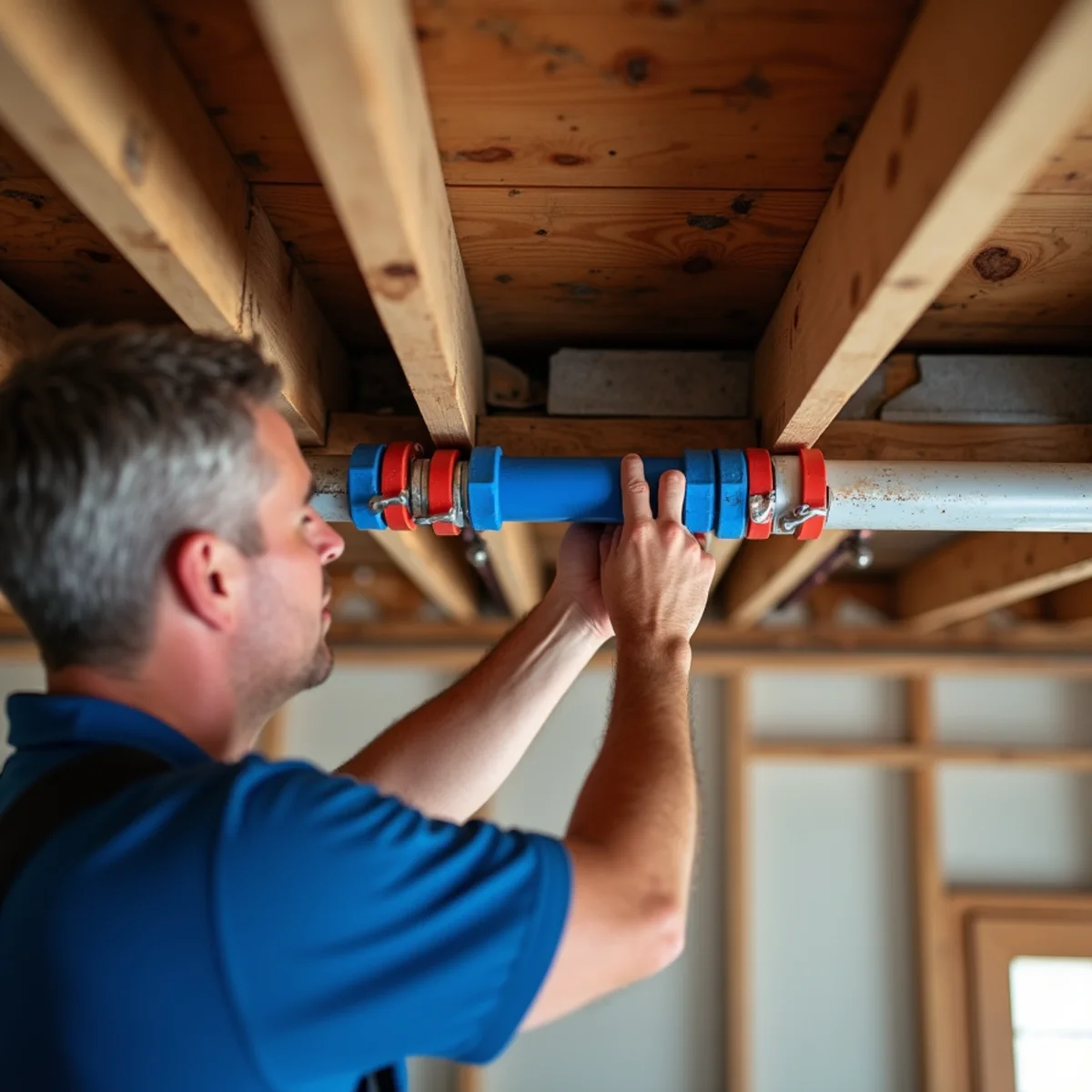 Plumber installing red and blue PEX water supply lines through residential attic joists