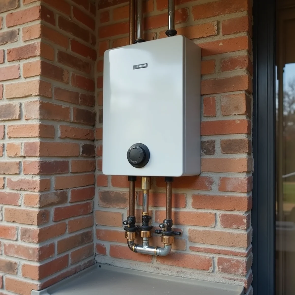 Modern high-efficiency tankless gas water heater mounted on exterior brick wall in North Texas