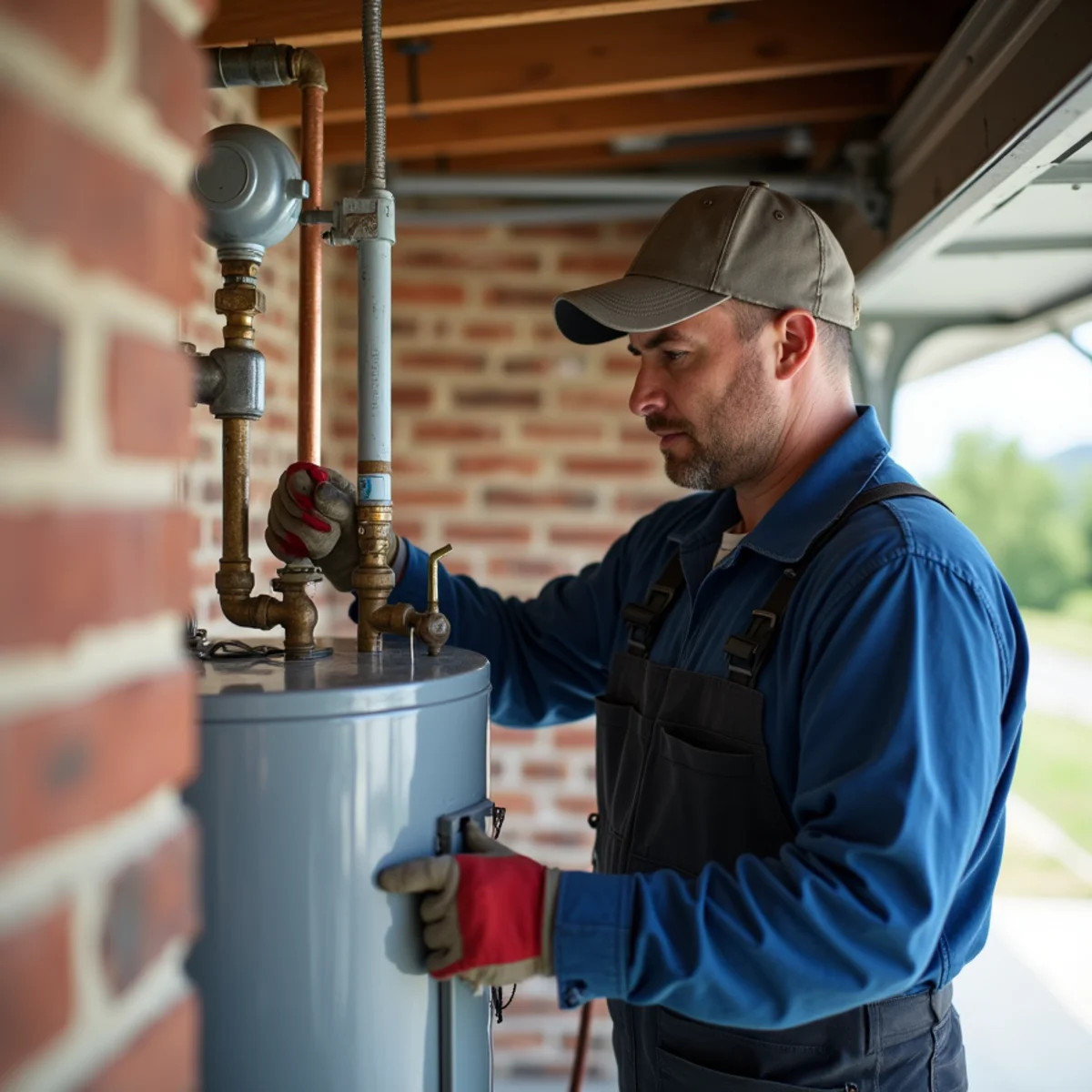 Plumbing technician installing 50-gallon gas water heater with thermal expansion tank in residential garage